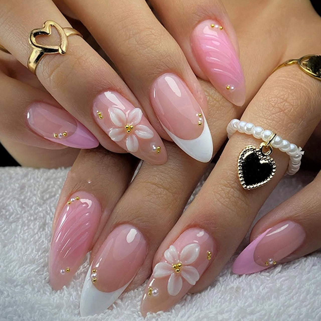 French Tip & Floral Press-On Nails, Short Almond, 24-Piece Set – front view