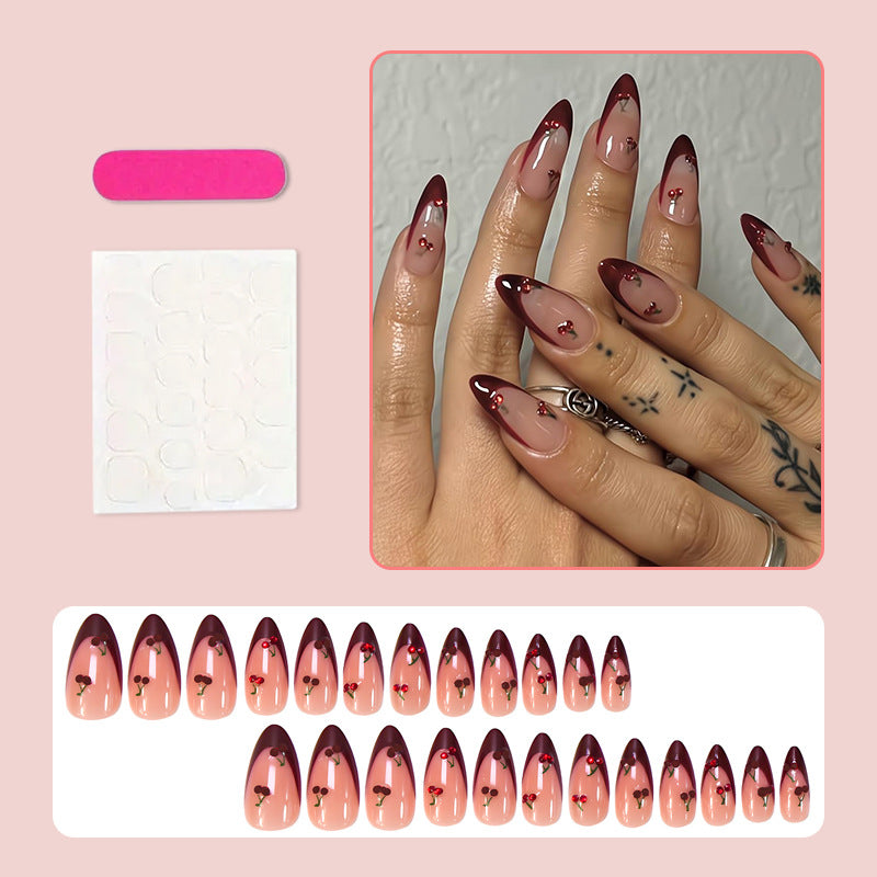 Diamond Accent & Cherry French Nails, Almond, 24 Pieces – close-up detail