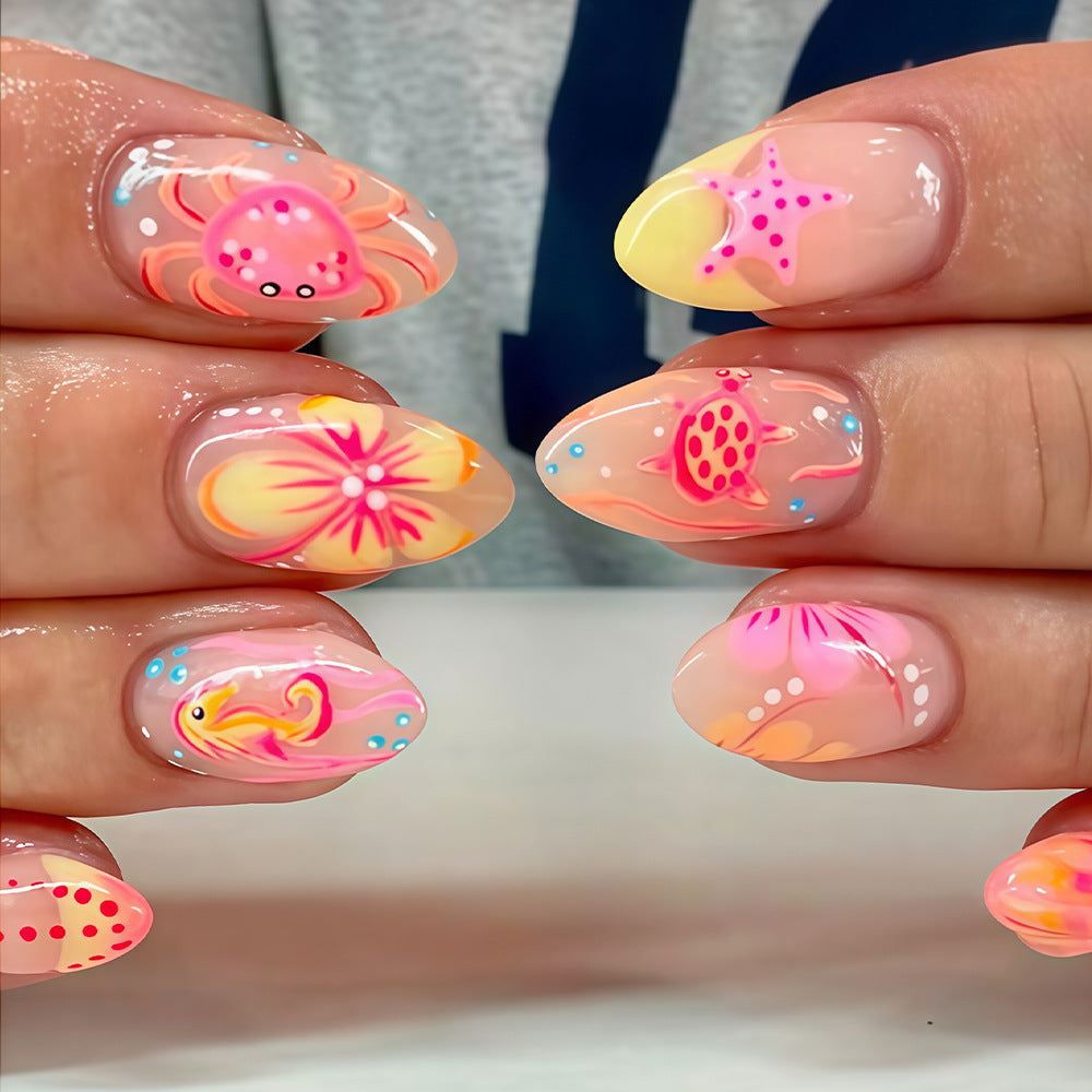 Floral & Ocean Motif Press-On Nail Set (24 Pieces) – front view