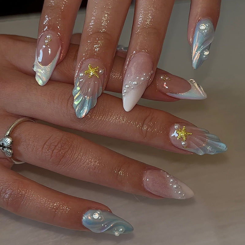 Mermaid Shell & Star Glitter Press-On Nails, Ice-Clear Finish – front view