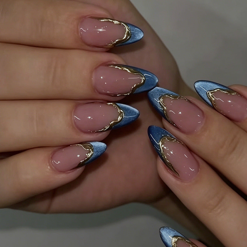 Gold-Plated & French Tip Cat Eye Press-On Nails, Almond – front view