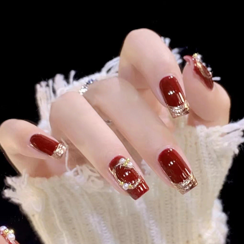 Wine Red & Diamond Accent French Press-On Nails, Medium Square – front view