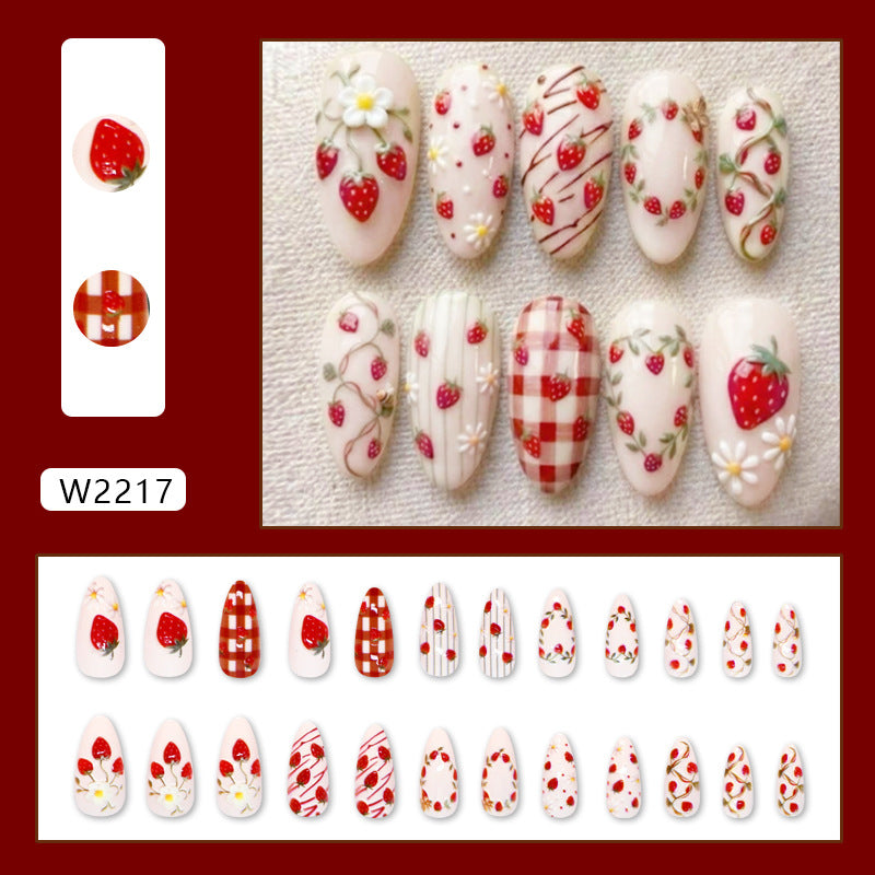 Strawberry Press-On Nails, Medium Almond, 24-Piece Set – close-up detail