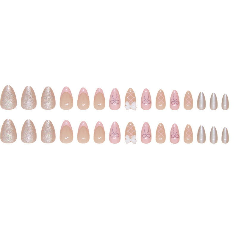 Medium Almond Bowknot & Solid Color Press-On Nail Set (24 Pieces) – full set laid out
