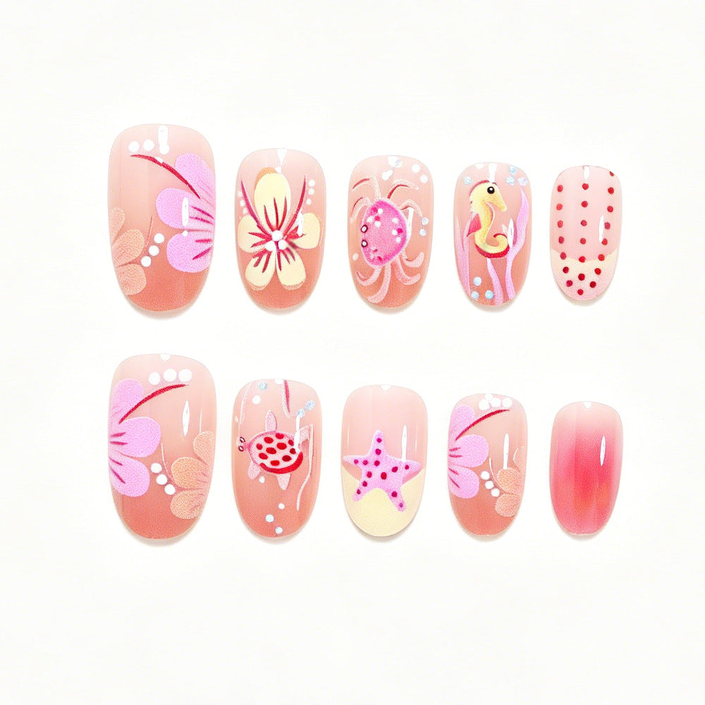Floral & Ocean Motif Press-On Nail Set (24 Pieces) – close-up detail
