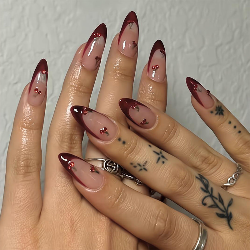 Diamond Accent & Cherry French Nails, Almond, 24 Pieces – front view