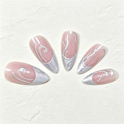 Silver Accent & French Tip French Nails, 24 Pieces – close-up detail