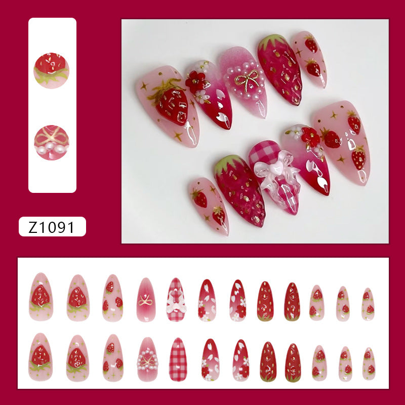 Strawberry & Pearl Detail Almond Nails, Medium Almond, 24 Pieces – close-up detail