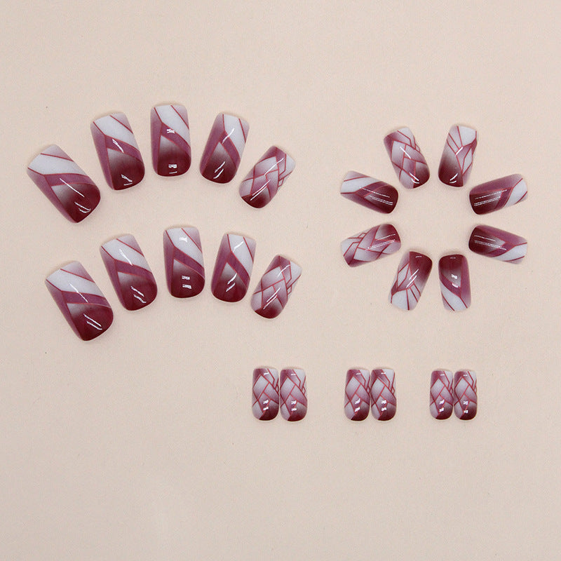 Crackle Texture & Wine Red Gel Press-On Nails, Medium Square on hand
