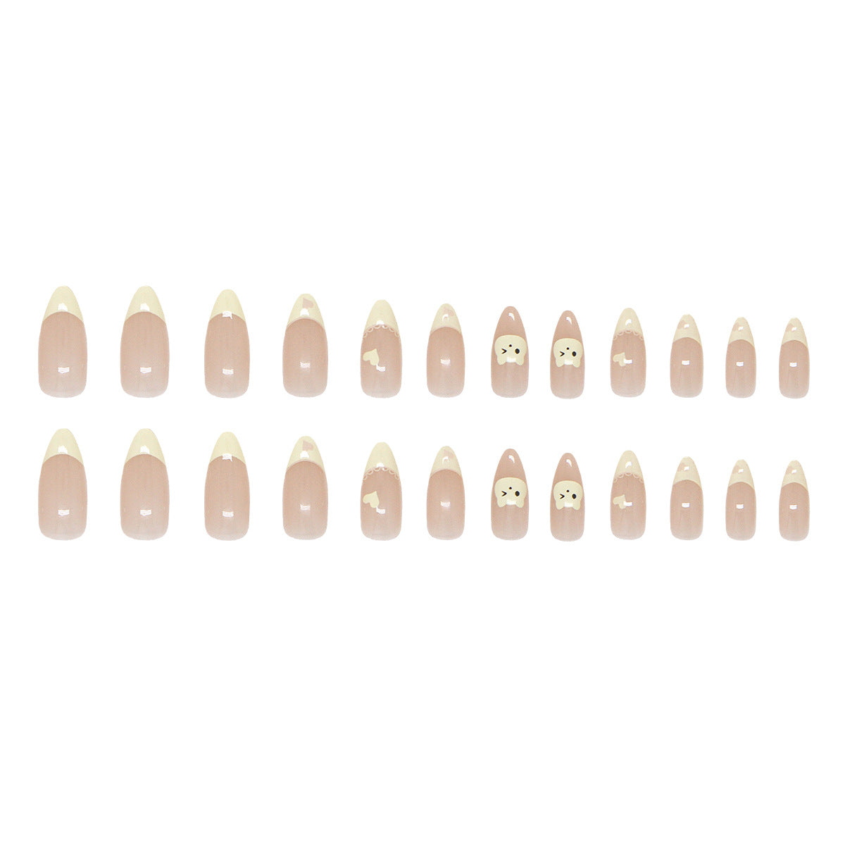 French Tip & Heart Press-On Nails, Medium Almond – full set laid out