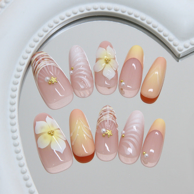 Shell & Floral Almond Press-On Nails, Medium Almond – close-up detail