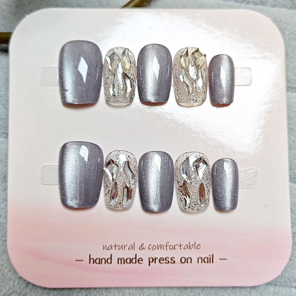 Cat Eye & Diamond Accent Press-On Nails on hand