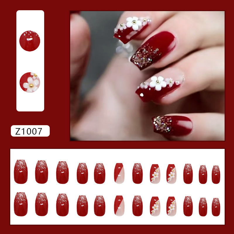 Wine Red & Floral Press-On Nails, Medium Ballerina – close-up detail