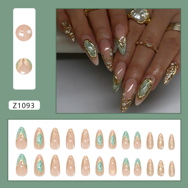 Gilt French Tip Press-On Nails with Aurora Quicksand & Pearls, Almond – close-up detail