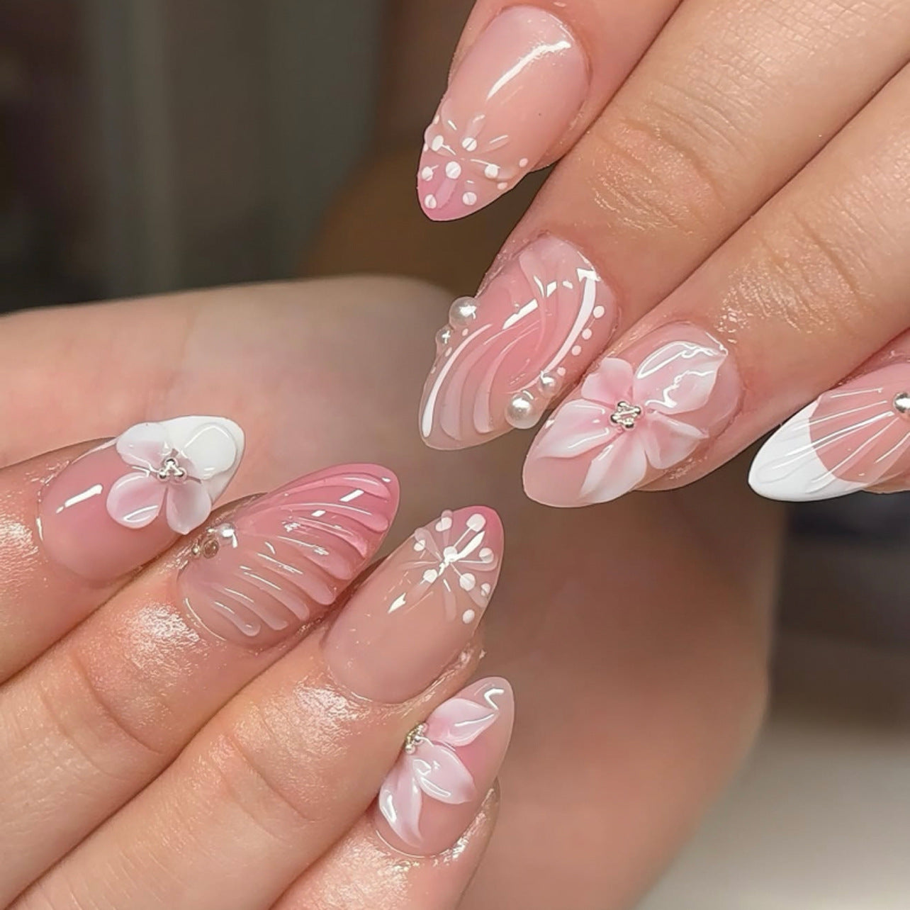 French Tip & Pearl Detail Press-On Nails, Short Almond – front view