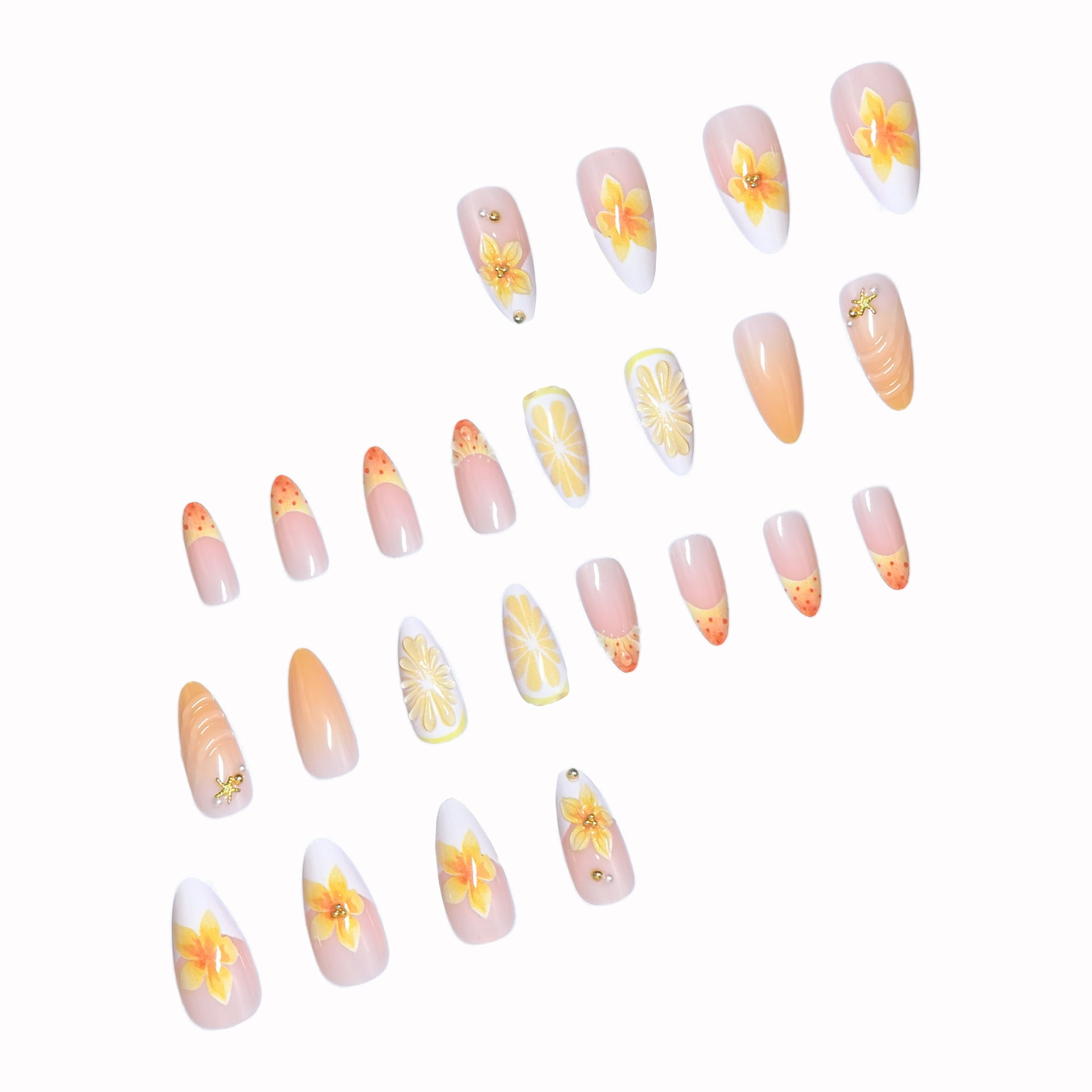 Lemon & Rhinestone Glitter Press-On Nails, Medium Almond – close-up detail