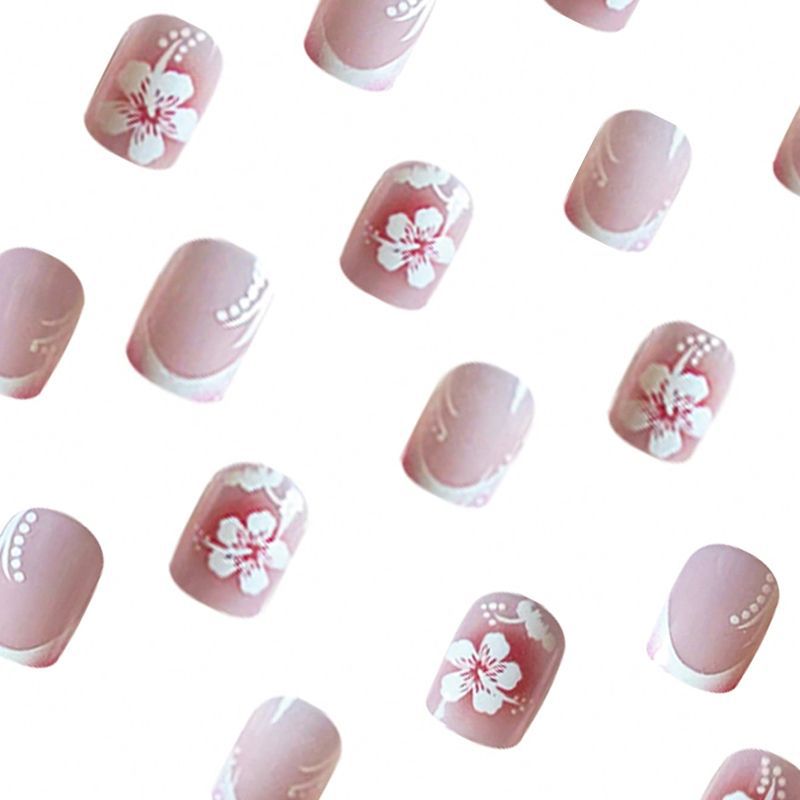 French Tip & Floral Press-On Nails, Short, 24-Piece Set – side angle