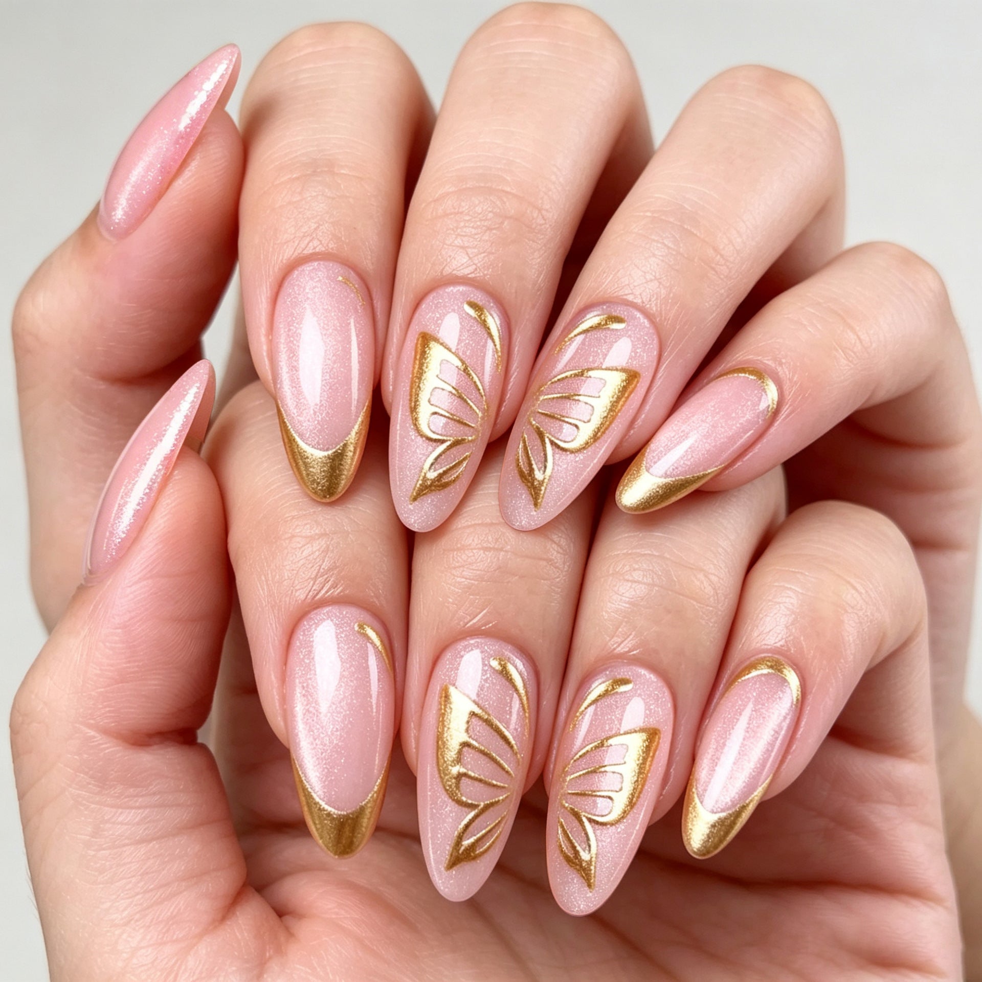 French Tip & Butterfly Press-On Nails, Medium Almond, 24-Piece Set – front view