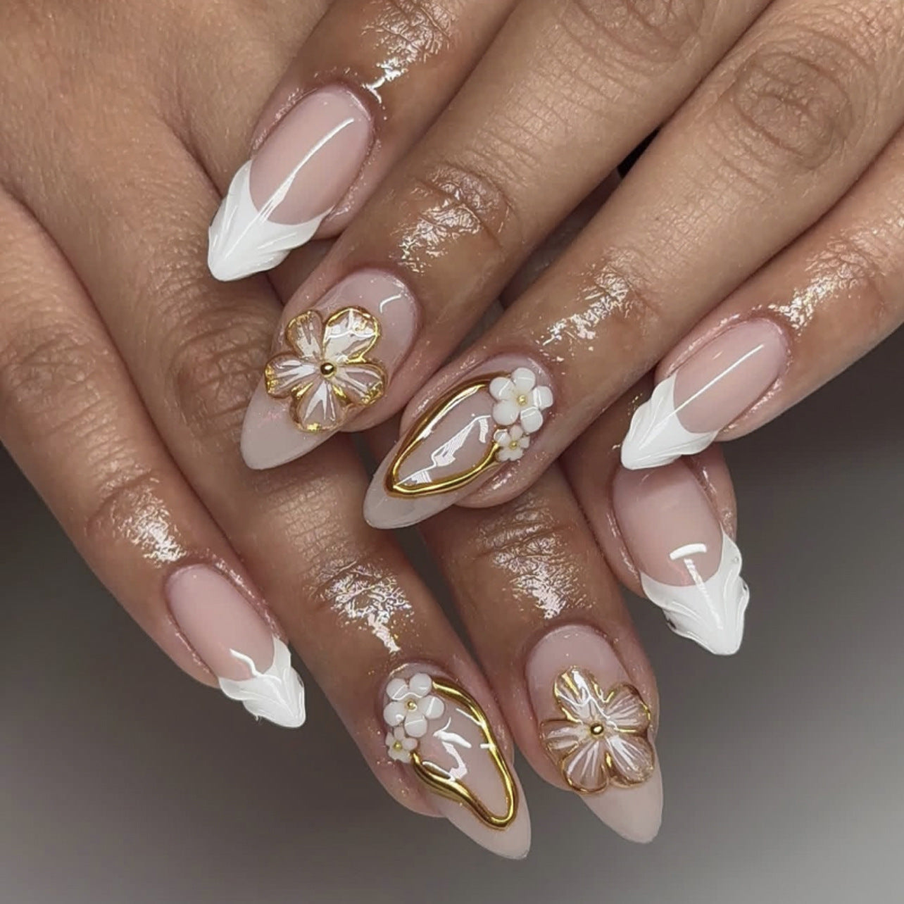 Short Almond Floral & French Tip Press-On Nail Set (24 Pieces) – front view