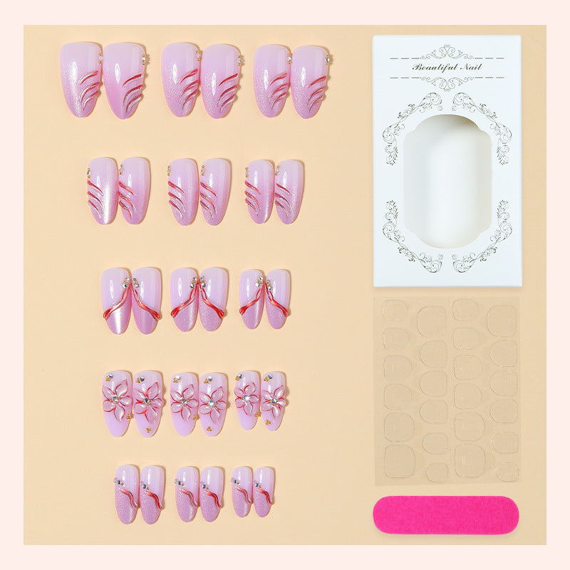 Cat Eye & 3D Flower Press-On Nail Set (30 Pieces) – close-up detail