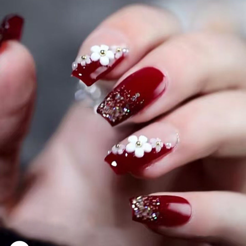 Wine Red & Floral Press-On Nails, Medium Ballerina – front view