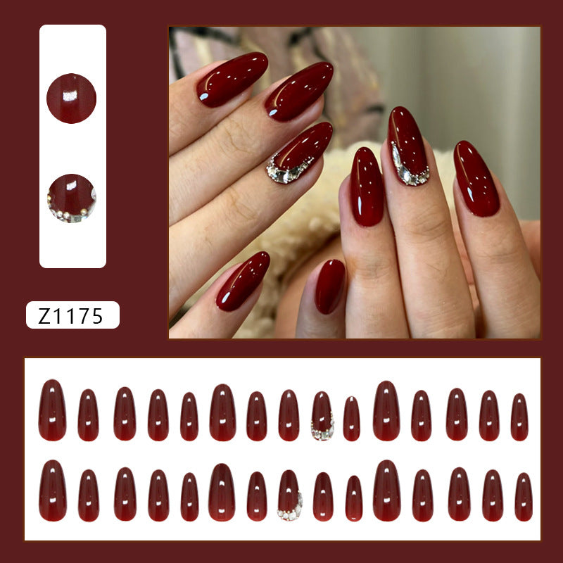 Wine Red & Glitter Press-On Nails, Medium Almond – close-up detail