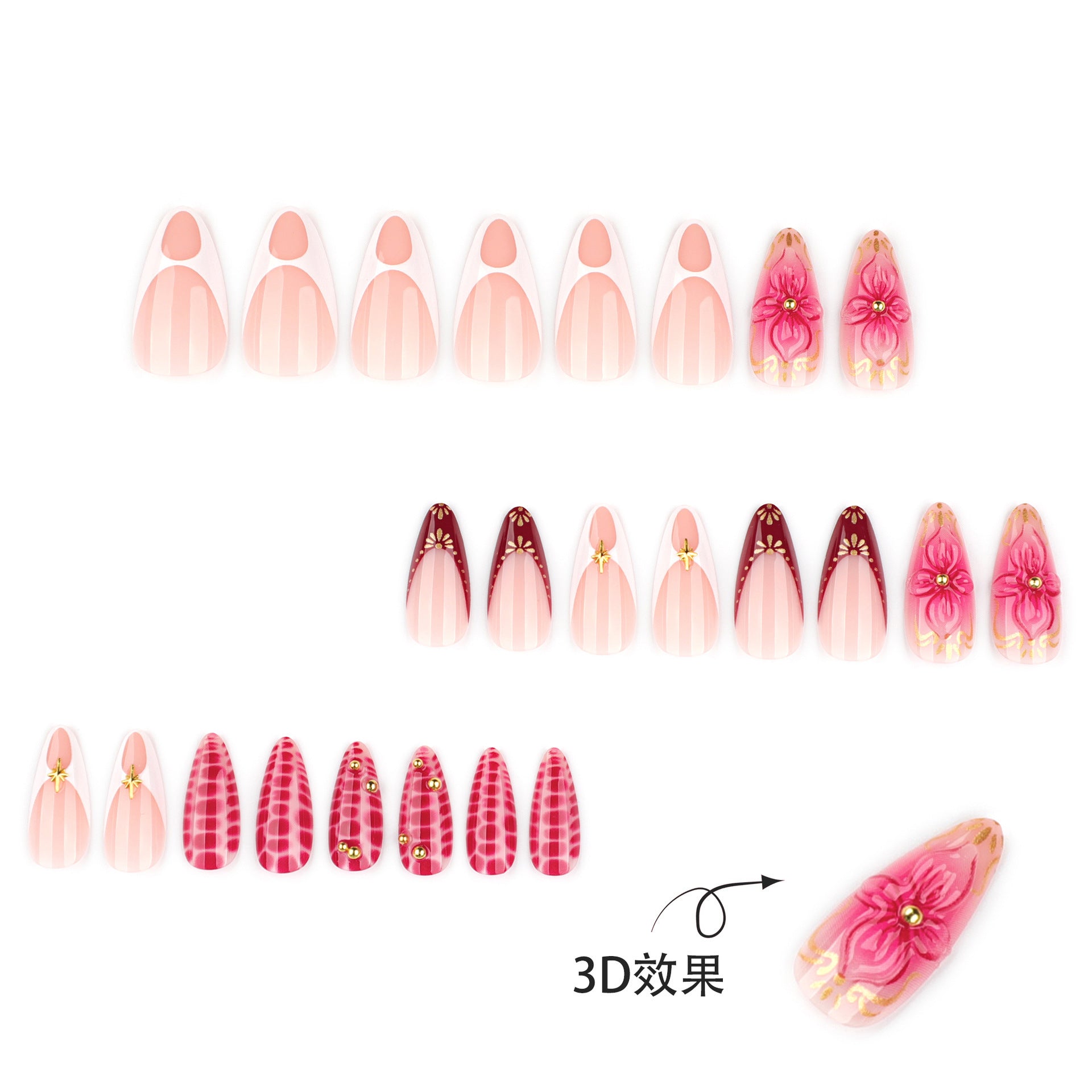 Floral & French Tip Press-On Nail Set (24 Pieces) – close-up detail