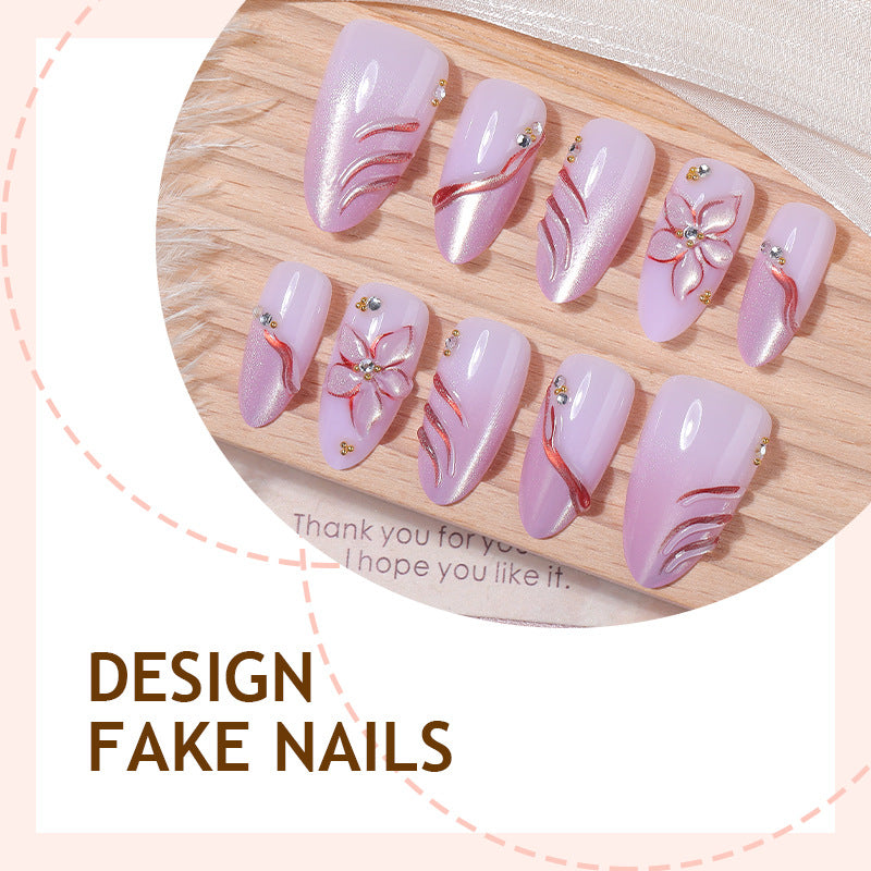 Cat Eye & 3D Flower Press-On Nail Set (30 Pieces) – side angle