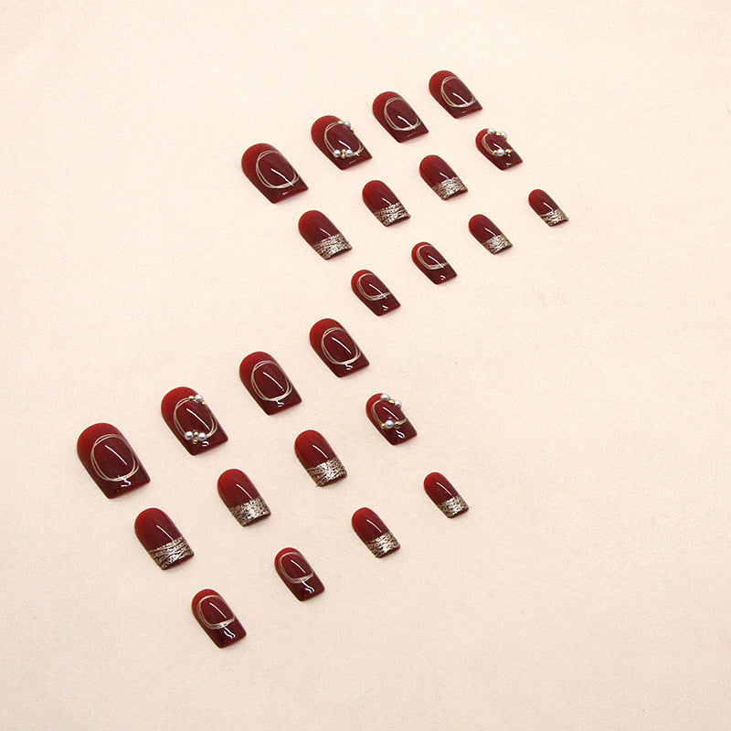 Wine Red & Diamond Accent French Press-On Nails, Medium Square – side angle