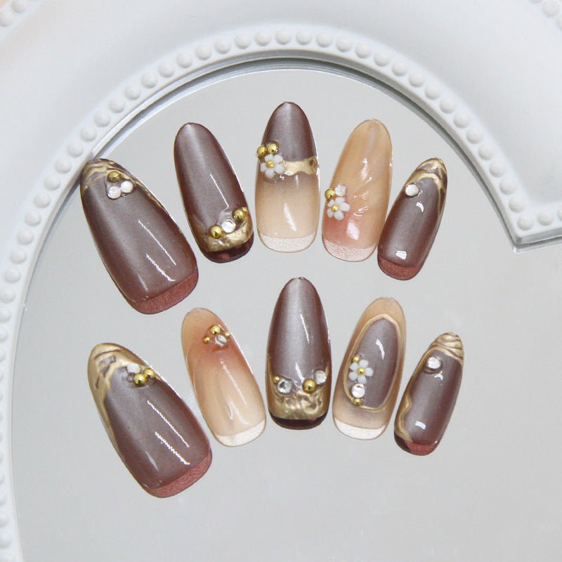 Gold-Plated & Cat Eye Glitter Nails, Medium Almond, 30 Pieces on hand
