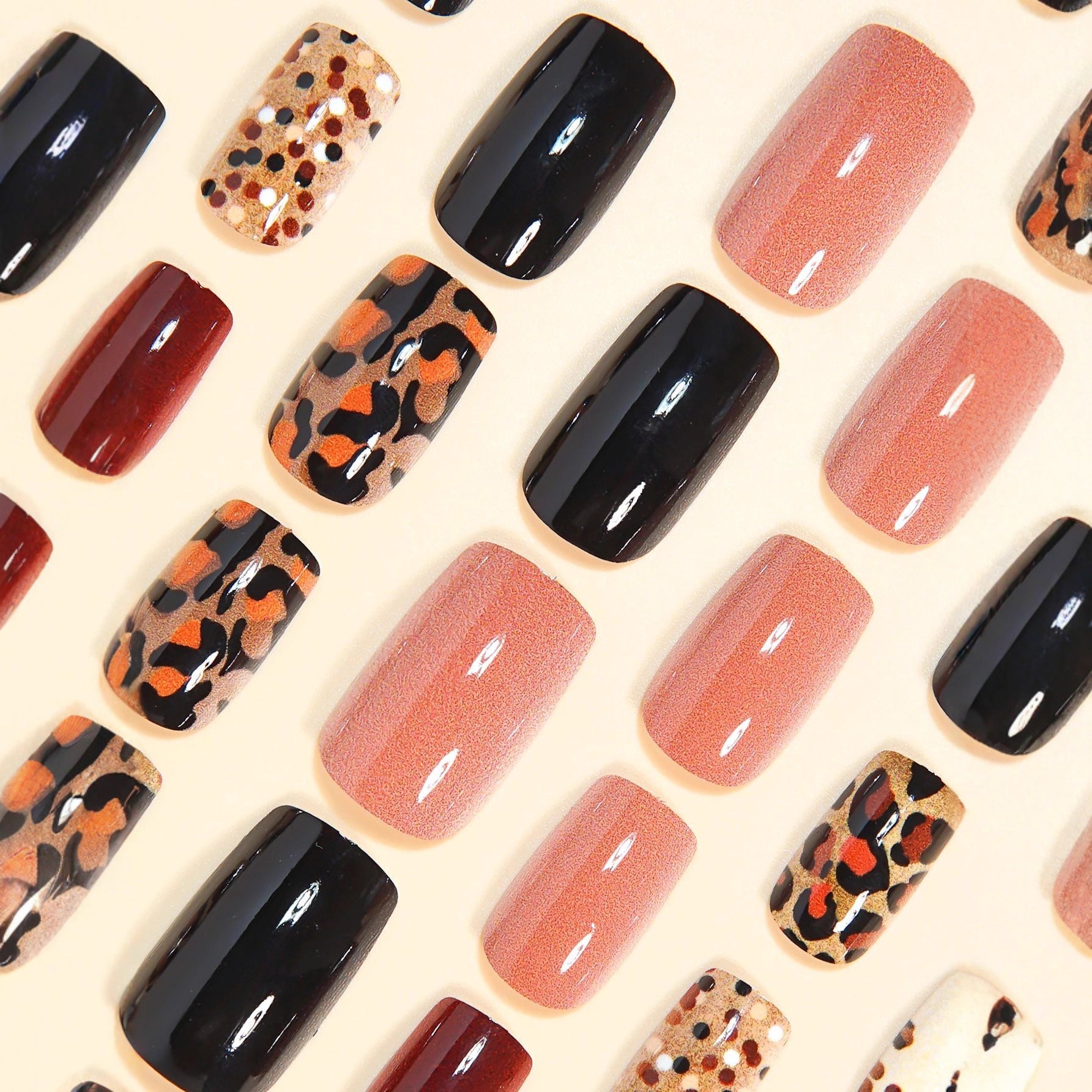 Leopard Print & Wine Red French Nails, 24 Pieces – side angle