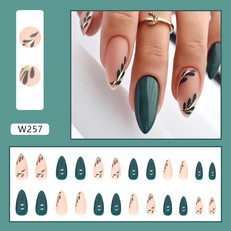 Frosted Finish & Leaf Motif Almond Press-On Nails, Almond – close-up detail