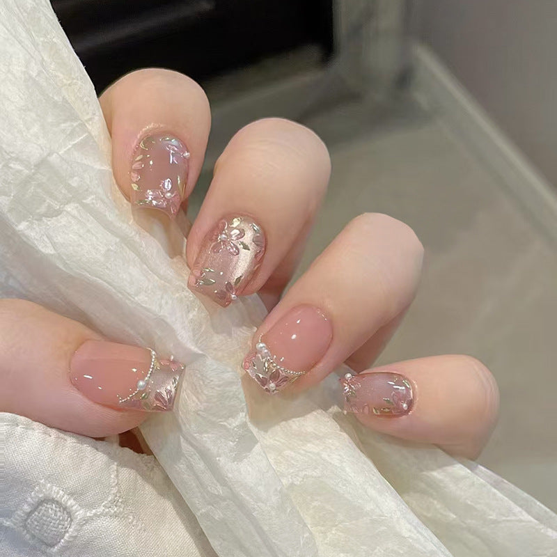 Floral & Cat Eye Press-On Nails, Short Ballerina – front view