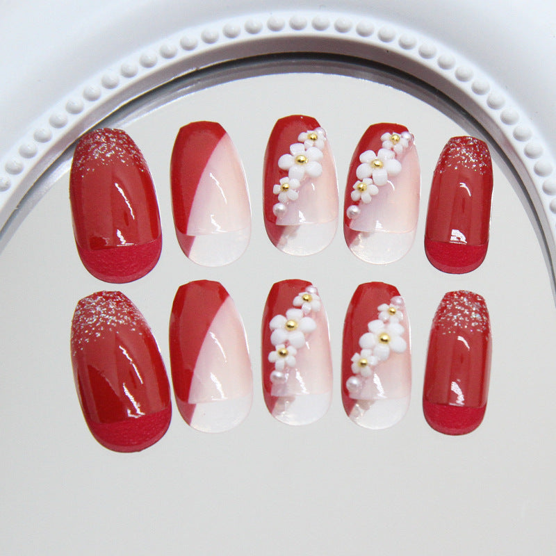 Wine Red & Floral Press-On Nails, Medium Ballerina – side angle