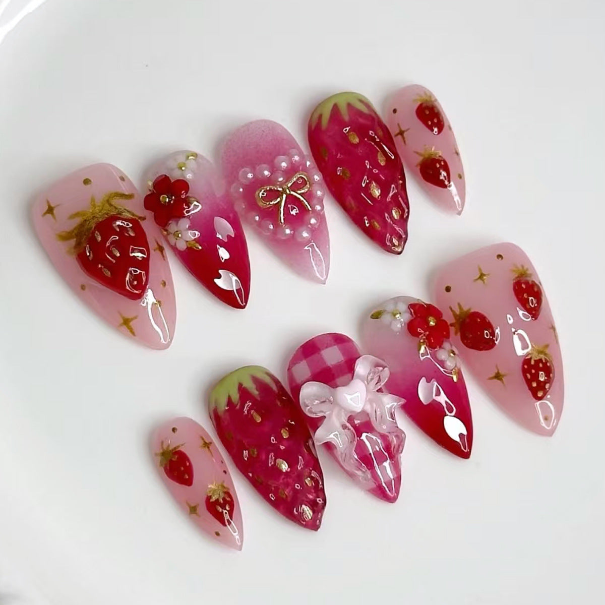 Strawberry & Pearl Detail Almond Nails, Medium Almond, 24 Pieces – front view