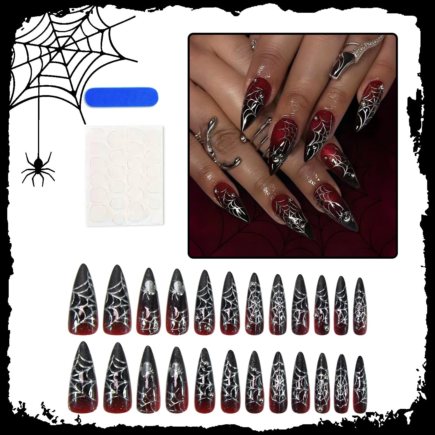 Halloween & Spiderweb French Nails, Long, 24 Pieces – close-up detail