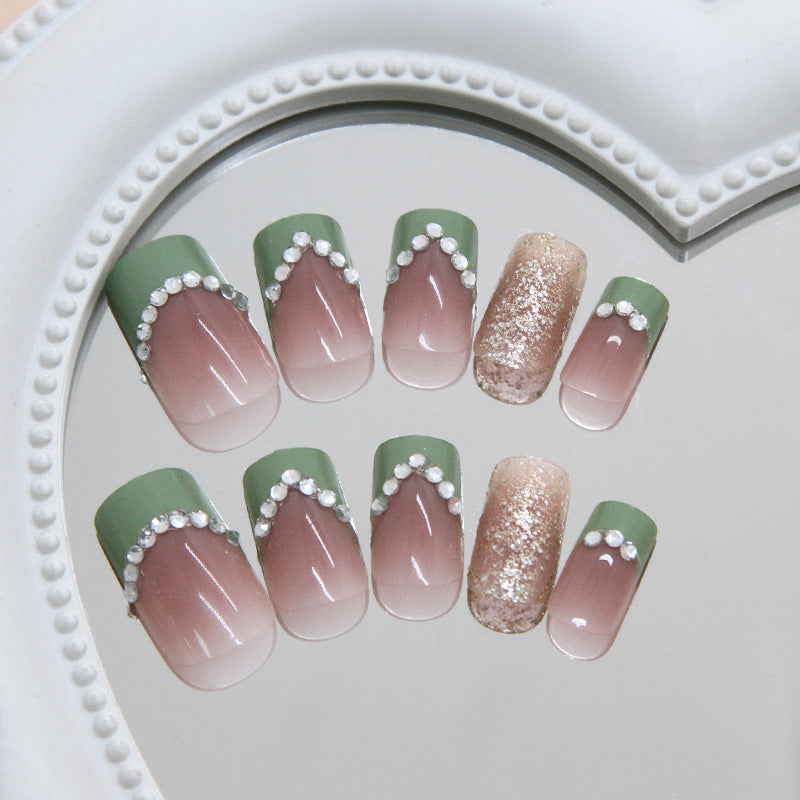 Glitter & French Tip French Press-On Nails, Medium Square on hand