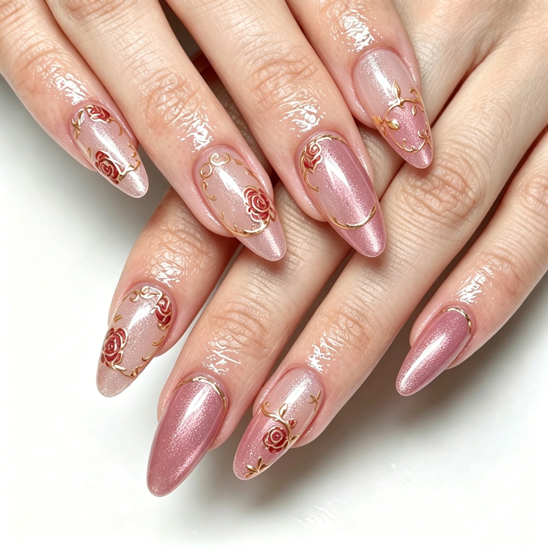 Cat Eye & Rose Press-On Nails, Medium Almond – front view