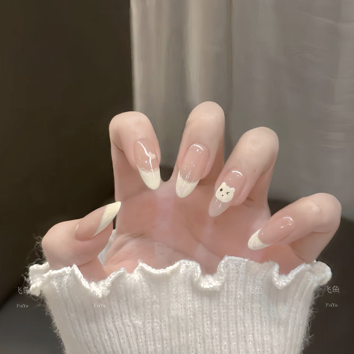 French Tip & Heart Press-On Nails, Medium Almond – front view