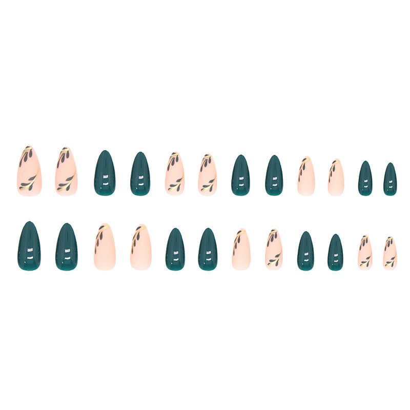 Frosted Finish & Leaf Motif Almond Press-On Nails, Almond – full set laid out