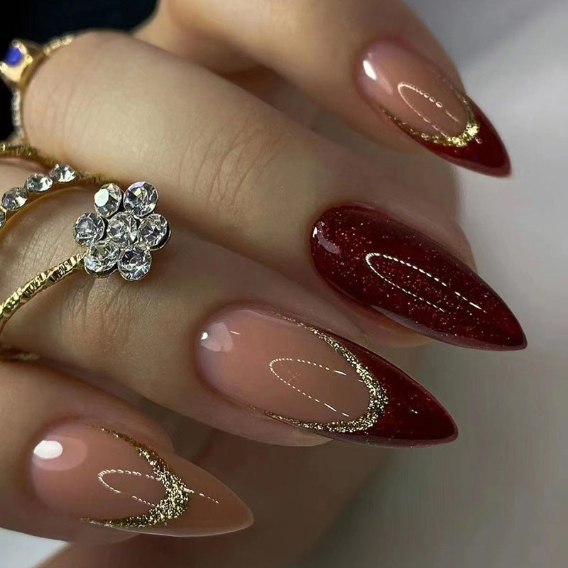 Wine Red & Glitter French Press-On Nails – front view