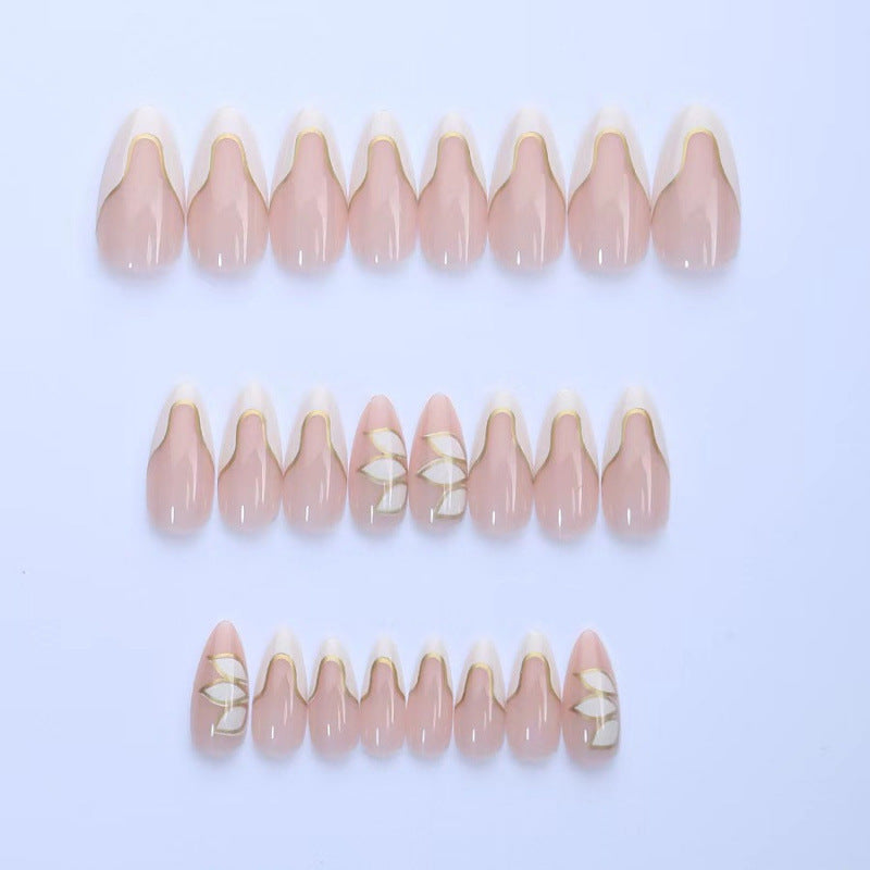 Gold-Plated & French Tip Press-On Nails, Medium Almond, 24-Piece Set – side angle