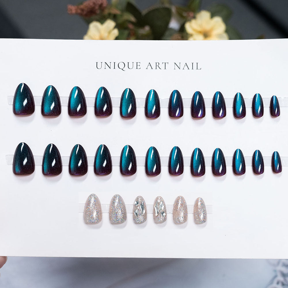 Duo-Tone Shimmer & Cat Eye Nails, Short Almond, 24 Pieces on hand