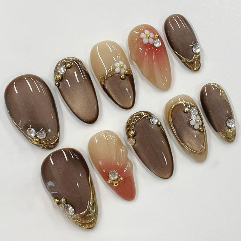 Gold-Plated & Cat Eye Glitter Nails, Medium Almond, 30 Pieces – front view