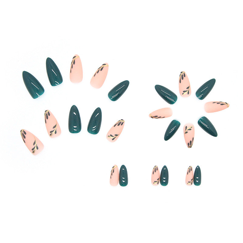 Frosted Finish & Leaf Motif Almond Press-On Nails, Almond – side angle